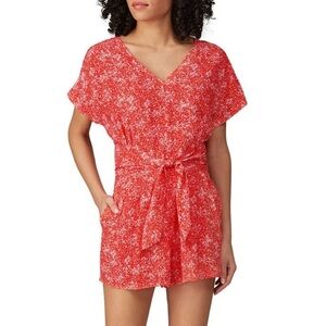 Greylin Printed Aubrey Tie Waist Short Sleeve V-Neck Chiffon Romper Red Sz XL